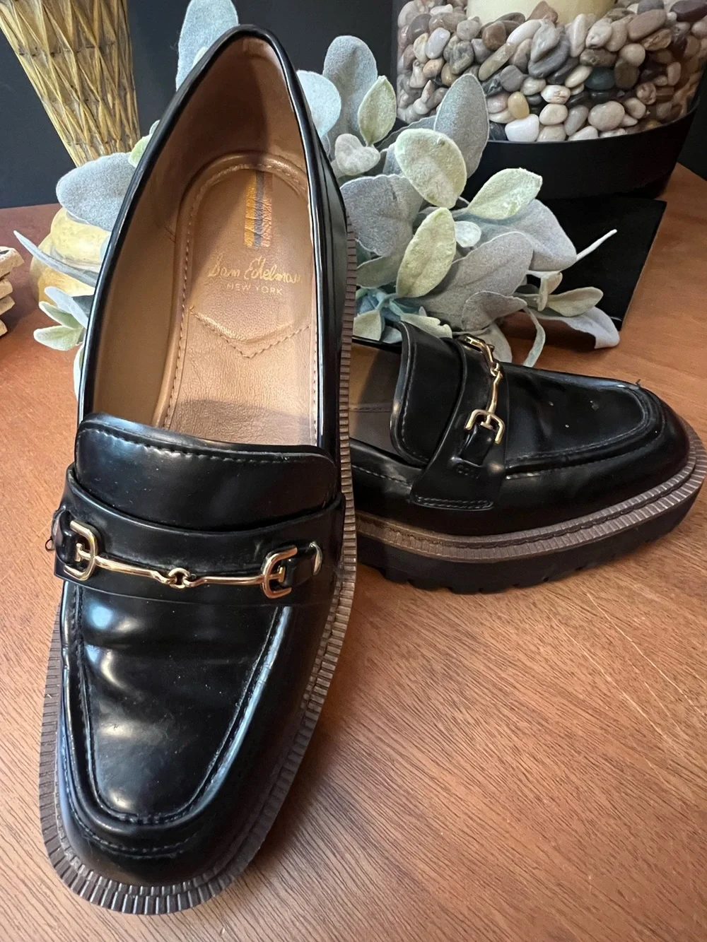 SAM EDELMAN Laurs Platform Loafer Lug Sole Horsebit Gold Slip On Patent Leather